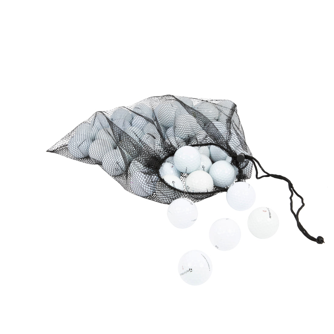 taylormade golf balls coming out of a black mesh back on a what background.