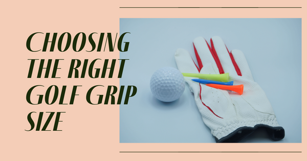 Close-up of golfer's hands gripping a golf club surrounded by various golf balls and personalized tees on a green and blue background.