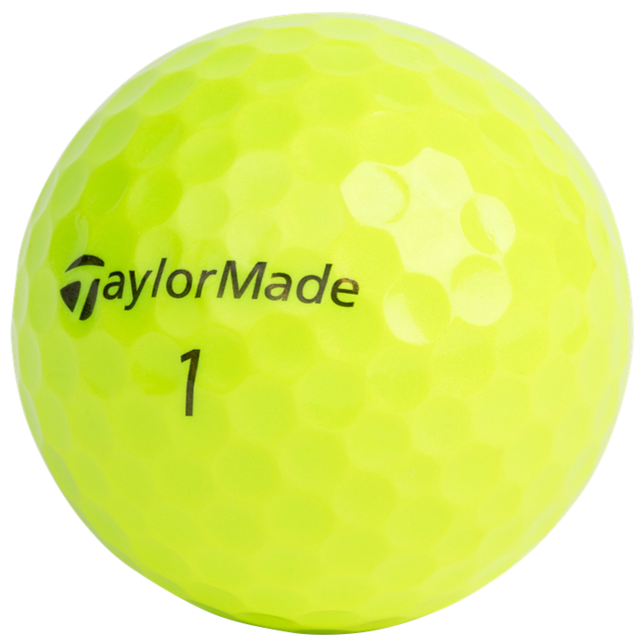 Yellow golf ball with TaylorMade logo on a white background