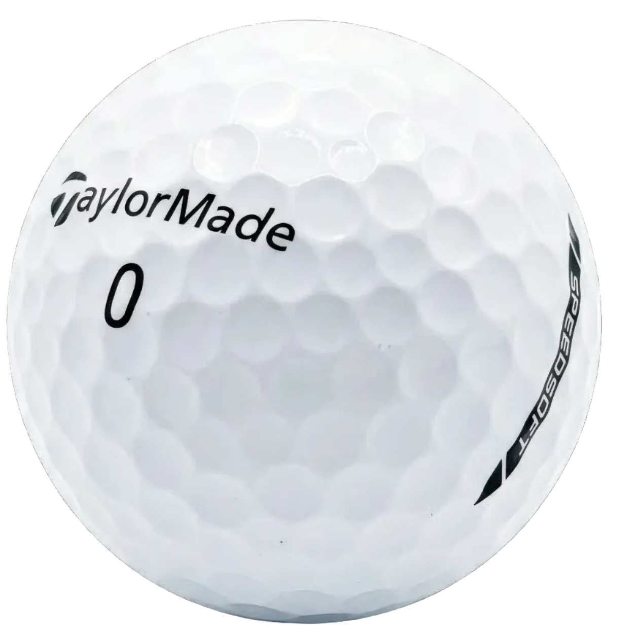 White golf ball with TaylorMade branding on a black background