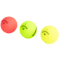 Three Callaway golf balls in red, green, and yellow on a white background