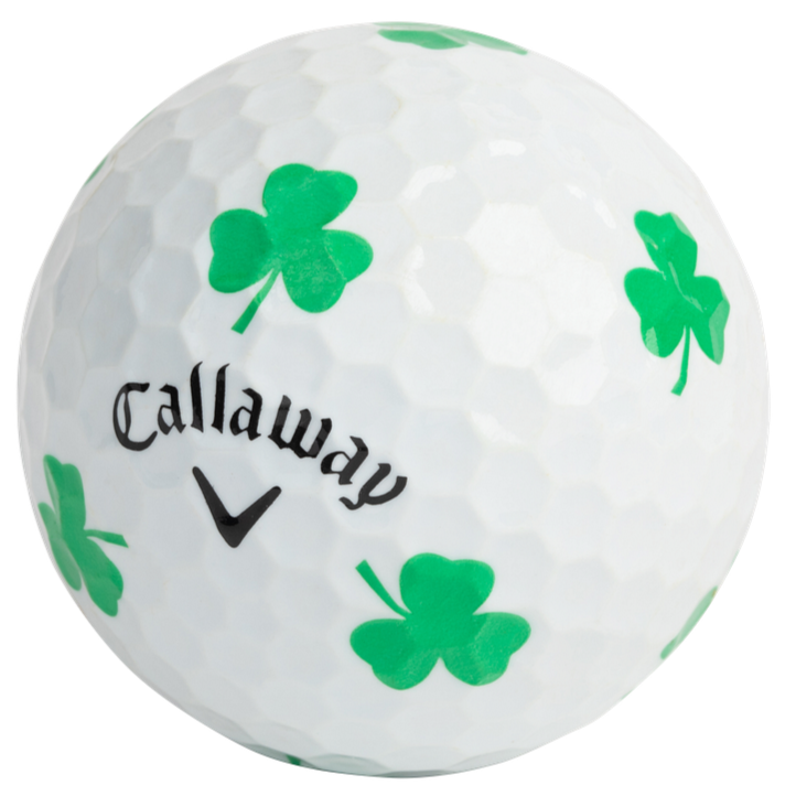 Callaway golf ball with green clover patterns on a white background