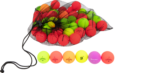 matte colored golf balls in a mesh bag