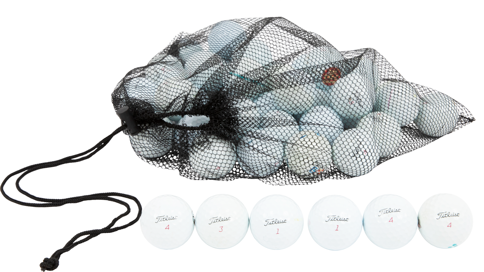 recycled and used titleist pro v1x in a black mesh bag