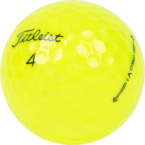 close up of a recycled and used yellow titleist pro v1 golf ball