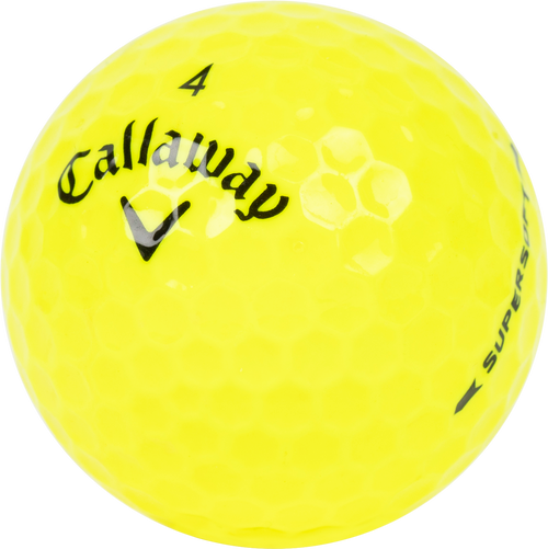 close up of callaway supersoft yellow golf ball