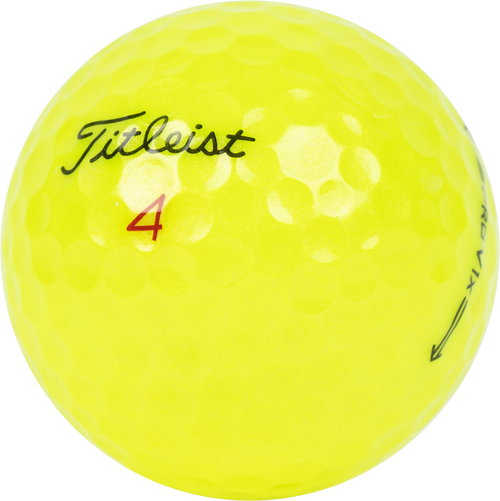 close up of a yellow recycled and used titleist pro v1x golf ball