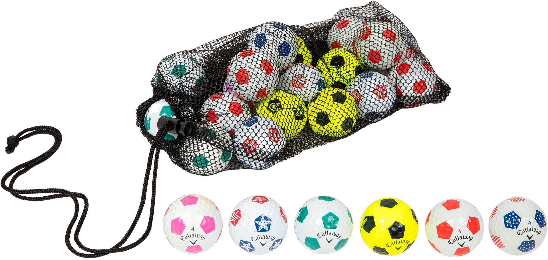 Callaway Truvis Soccer golf balls in a black mesh bag