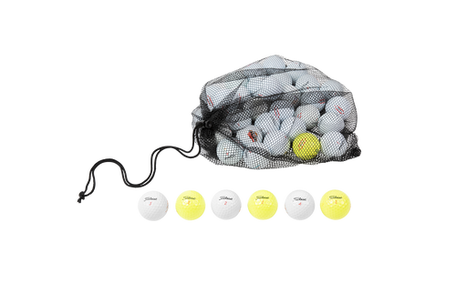 yellow and white titleist trufeel golf balls in black mesh bag